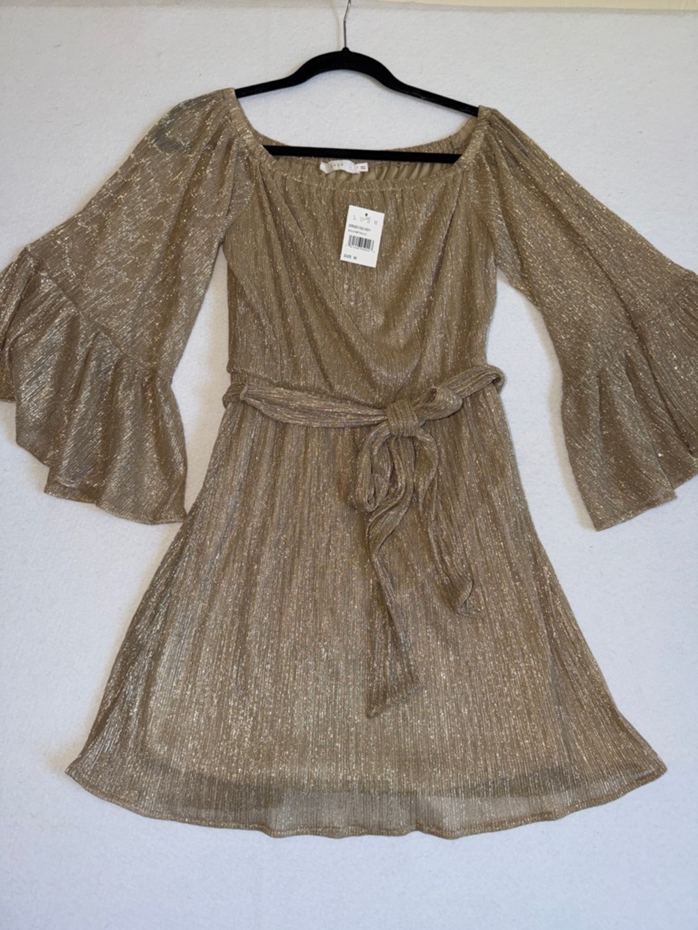 NWT Lush Gold Metallic Off-Shoulder Tie-Waist Dress